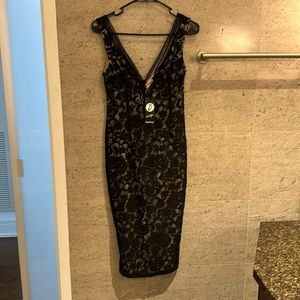 Boohoo, Nude & Black, Lace, Plunge, Bodycon, Midi, Dress Size 4